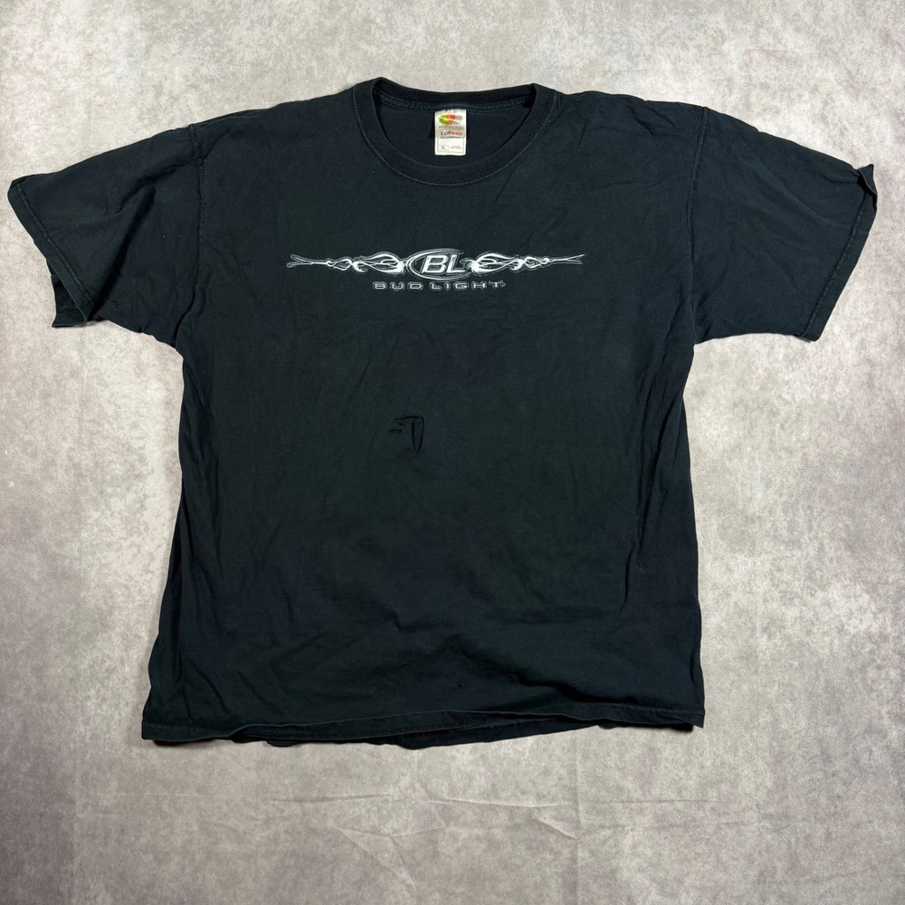 Vintage Fruit of the Loom Bud Light Tribal Logo Graphic T-Shirt Men XL Black Y2K